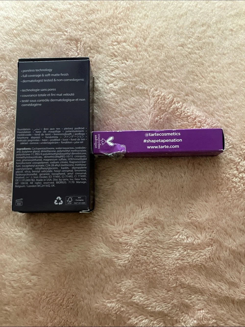 tarte Amazonian Clay Foundation with Purple Shape Tape Concealer Packaging